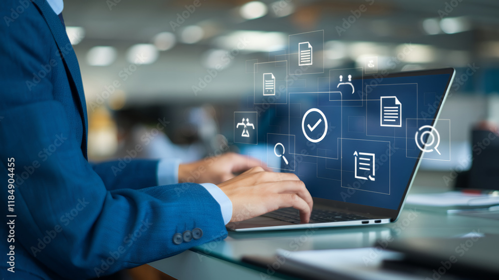 Poster businessman touching approved document icon on digital documents for approve business project propos