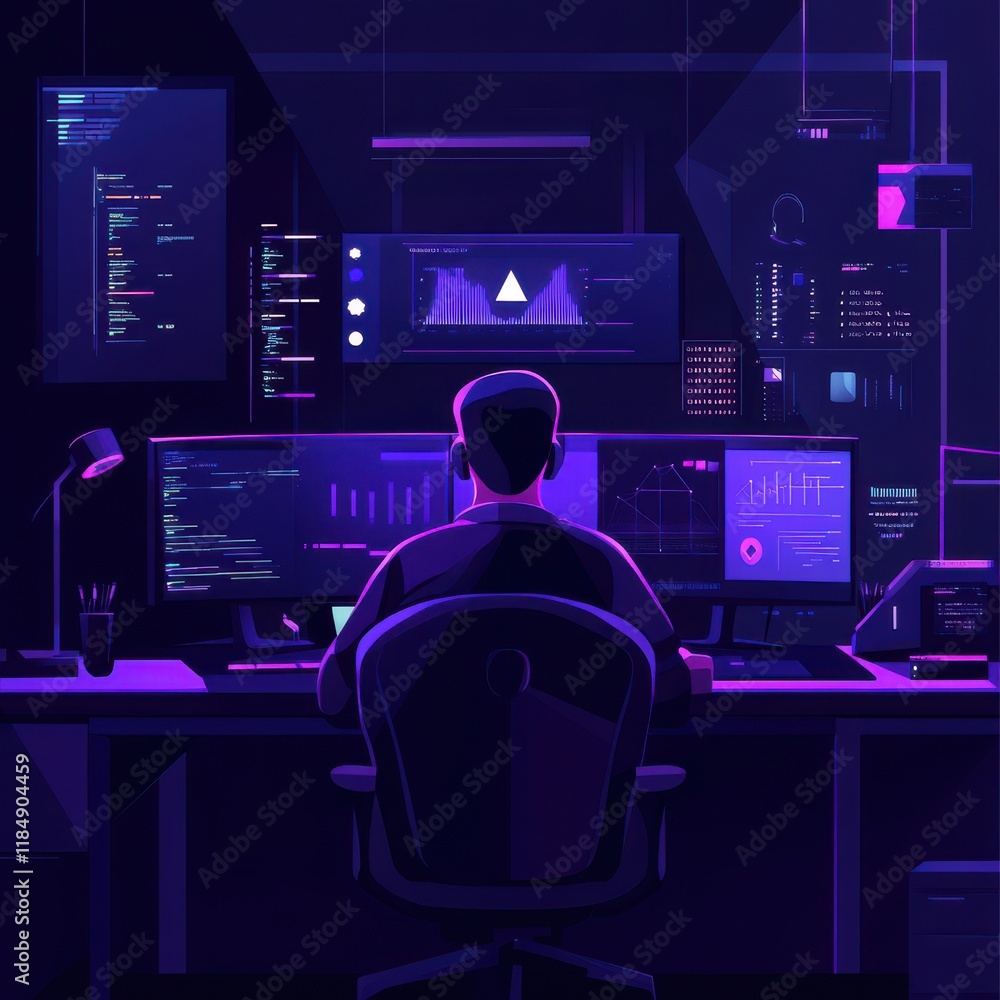 Poster a focused male programmer eagerly analyzes data on multiple screens in a neon-lit workspace.