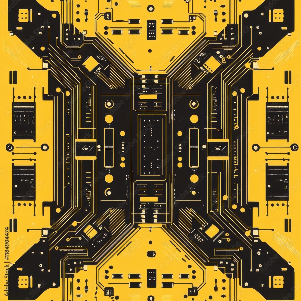 Poster abstract black and yellow circuit board design showcasing intricate electronic patterns.