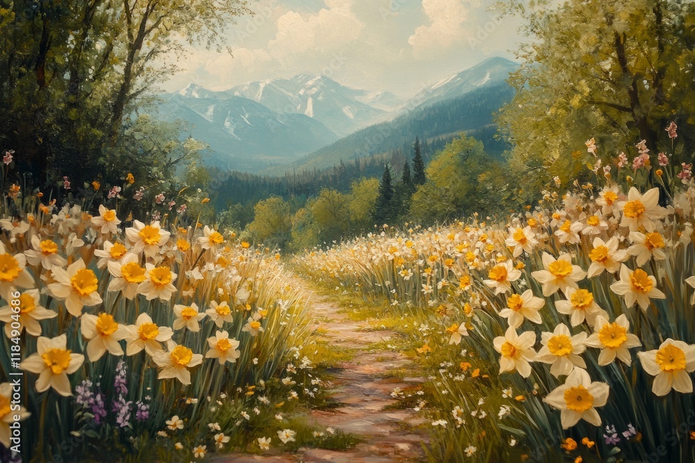 Poster scenic landscape painting showcasing a path winding through a field of daffodils with majestic mount