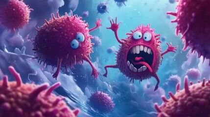 Cartoon bacteria engage in a playful battle against antibodies in a vibrant undersea world. Generative AI