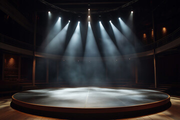 Empty Circular Stage with Spotlights in a Dramatic Open Space
