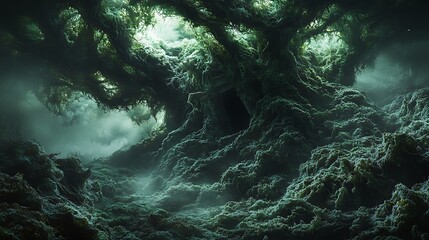 Obraz premium Ancient Mossy Tree Conceals Hidden Doorway