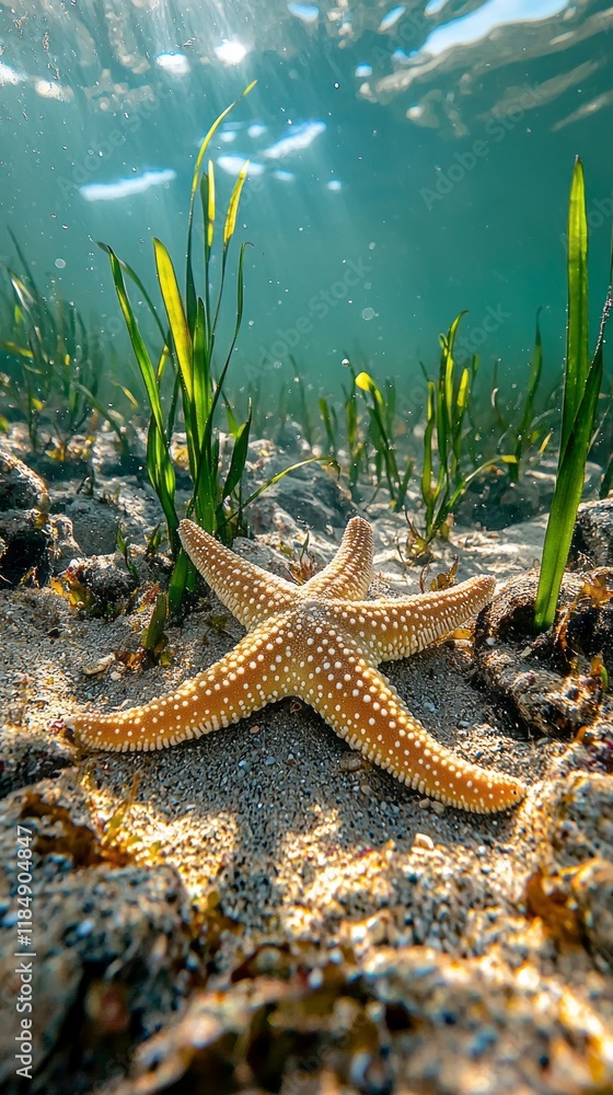 Poster a starfish rests calmly on the sandy ocean floor, its unique texture and coloration contrasting beau