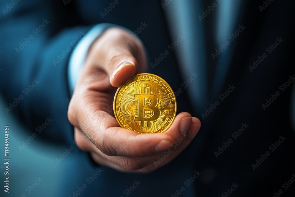 Poster businessman showing bitcoin cryptocurrency physical coin paying using decentralized blockchain techn