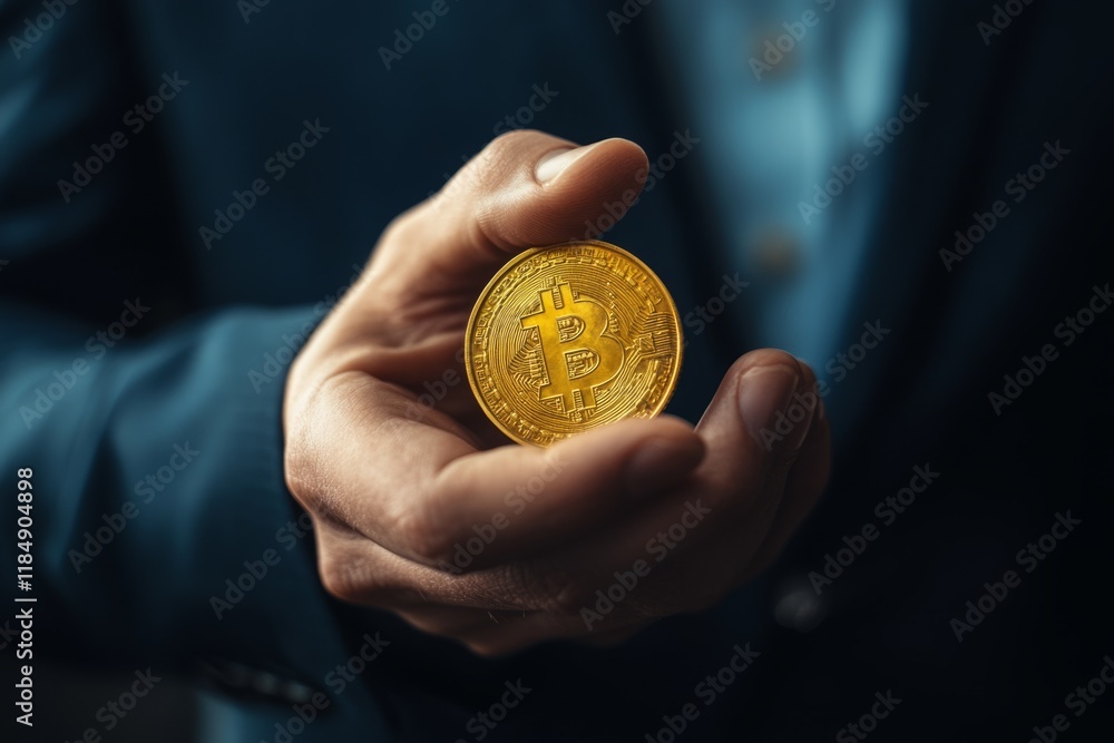Aufkleber businessman showing bitcoin cryptocurrency physical coin paying using decentralized blockchain techn