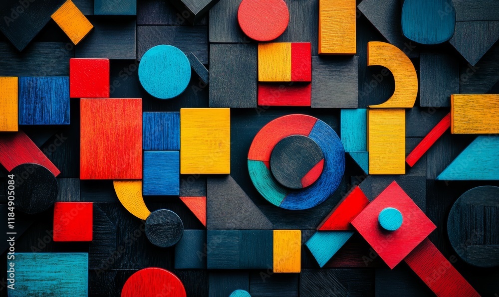 Poster a bright and bold arrangement of colored building blocks on a dark background