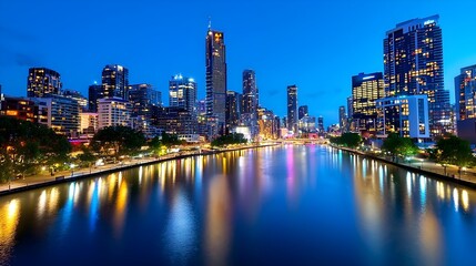 Naklejka premium City skyline illuminated at night, reflecting on the calm river under a deep blue sky.