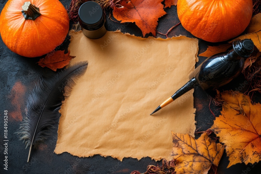 Poster calligraphy tools with feather quill and ink bottle on parchment surrounded by autumn leaves and pum