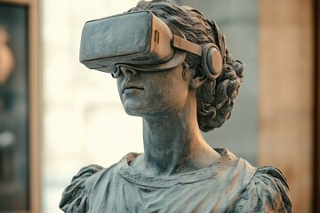 Classical stone statue wearing vr headset and headphones, experiencing the digital world and bridging the gap between past and future
