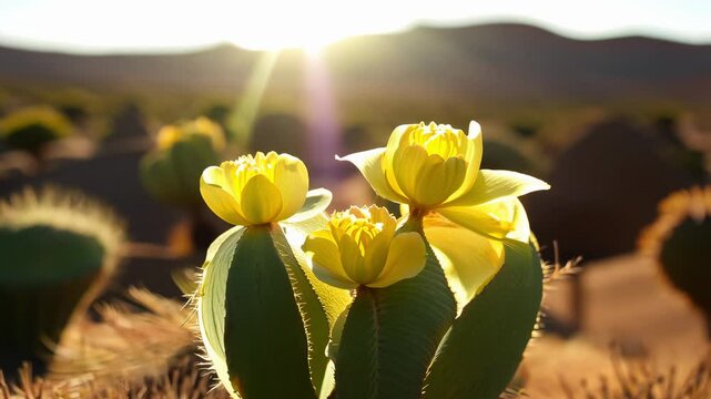 Yellow flowers spring up from cactus pads, drenched in warm sunlight as the day winds down. The peaceful desert setting showcases nature's beauty in full bloom.