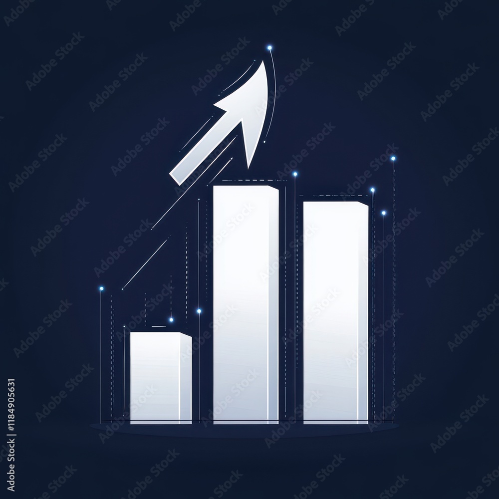 Poster stylized bar graph with upward arrow representing growth and success in business metrics.