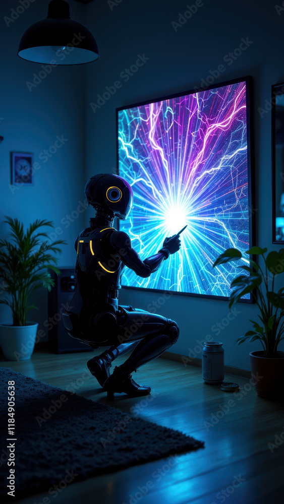 Poster a robot with human-like features sitting on a couch in a dark room illuminated by a colorful digital