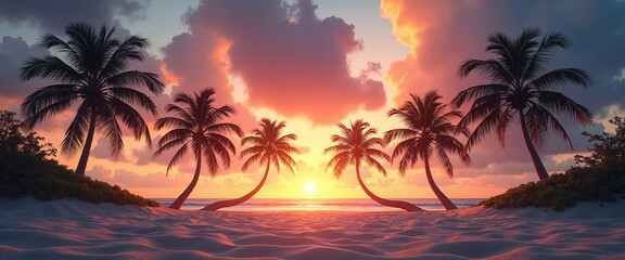 Obraz premium Sandy Beach Sunset with Palm Trees Framing a Vibrant Skyline at Dusk