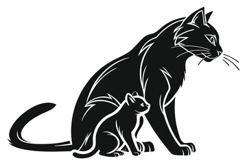 A black color line art Illustration of a silhouette A cat  with   kitten vector on a white background