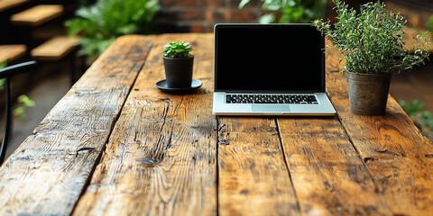 A clean, minimalist workspace with a laptop and potted plants on a rustic wooden table.
