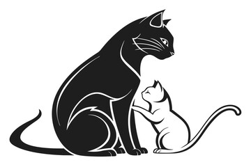 A black color line art Illustration of a silhouette A cat  with   kitten vector on a white background