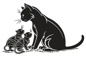 A black color line art Illustration of a silhouette A cat  with   kitten vector on a white background