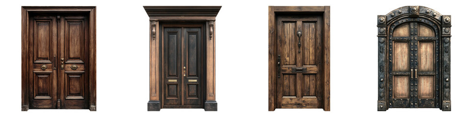 Wooden doors isolated on transparent background, Set of