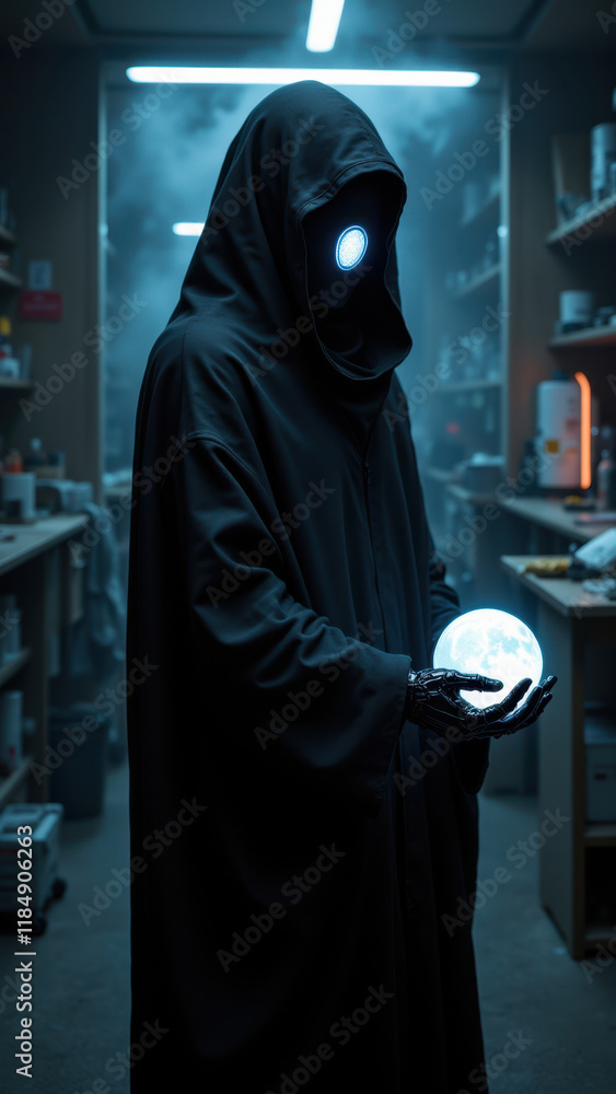 Poster an ai-themed character in a hooded cloak, holding a glowing orb, possibly representing artificial in