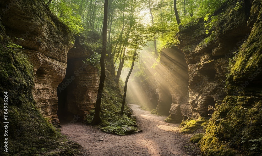 Poster a mystical forest path leading through a canyon with sunlight filtering through the trees