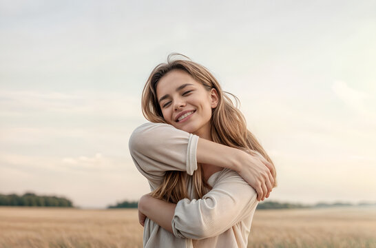 Happy girl hugs herself, embrace yourself. Self-love and caring. Feelings of love, support, care. Tender hugs outdoor in nature