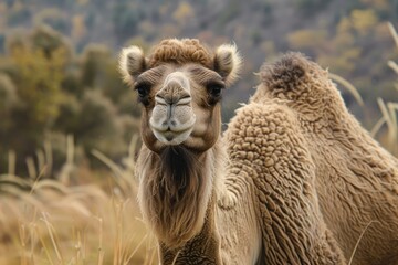 Bactrian camel with thick fur standing in a dry grass field, looking at camera
