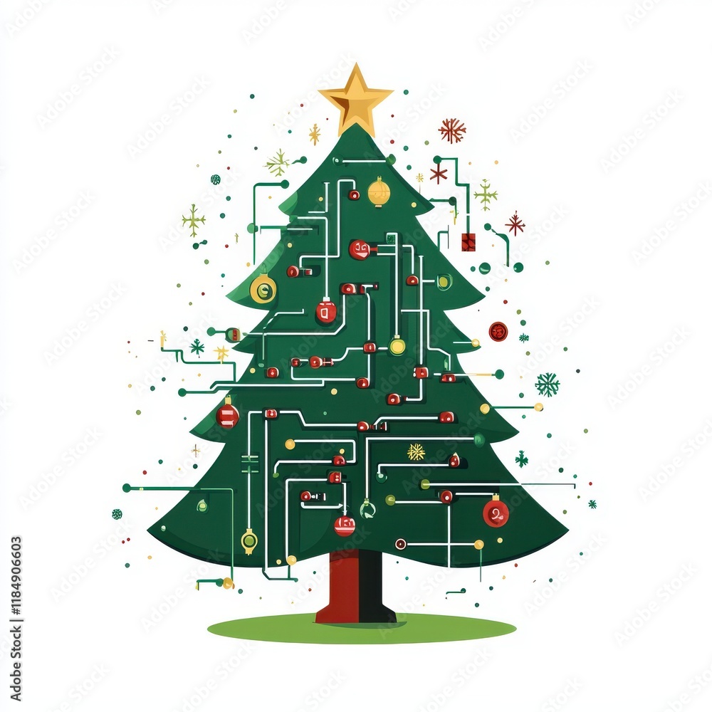 Poster a colorful, digital christmas tree design featuring circuit-like patterns and ornaments.