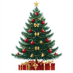 Fototapeta premium A beautifully decorated Christmas tree with red ornaments and golden gifts beneath it.