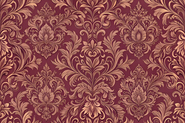 Ornate damask pattern on burgundy background.