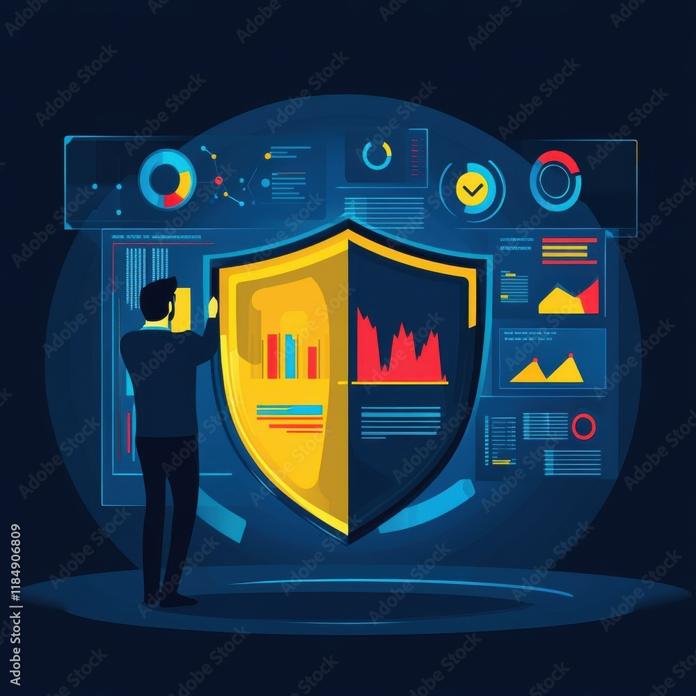 Poster a male figure analyzing data with a digital shield representing security in a dark, high-tech enviro
