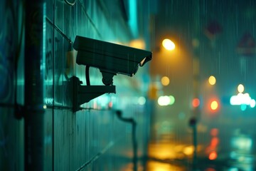 Cctv camera recording a rainy city street at night, ensuring safety and surveillance