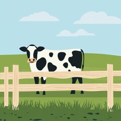 A cartoon-style black and white cow stands peacefully behind a wooden fence in a green pasture.