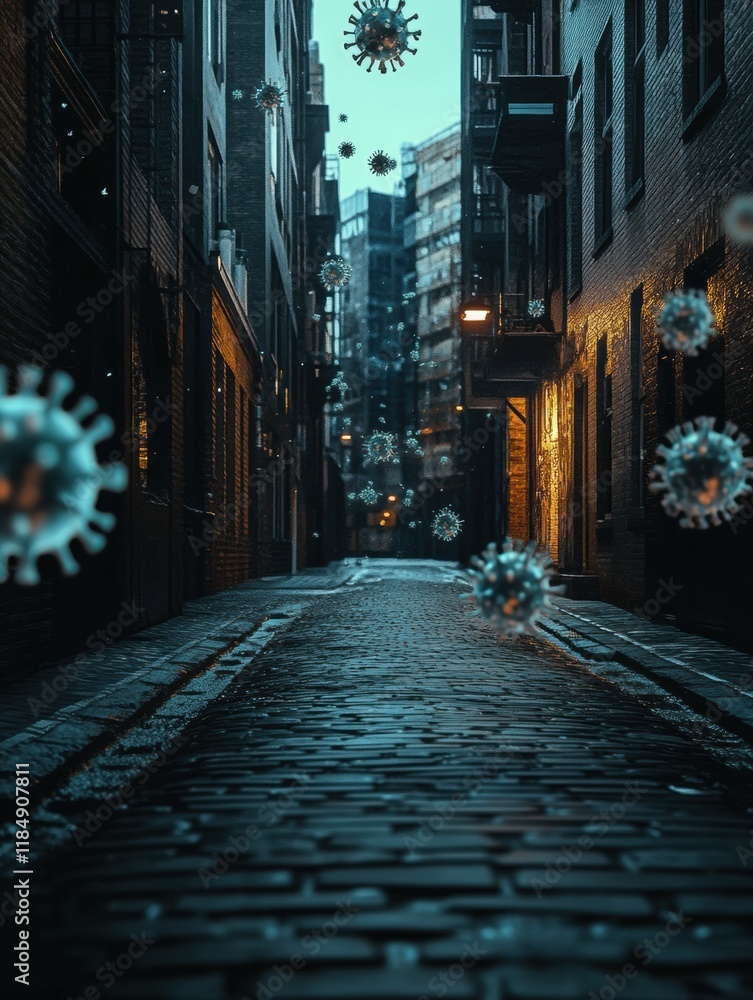 Leinwandbilder Empty urban street with virus motifs floating in the air creates a surreal atmosphere at twilight. Generative AI