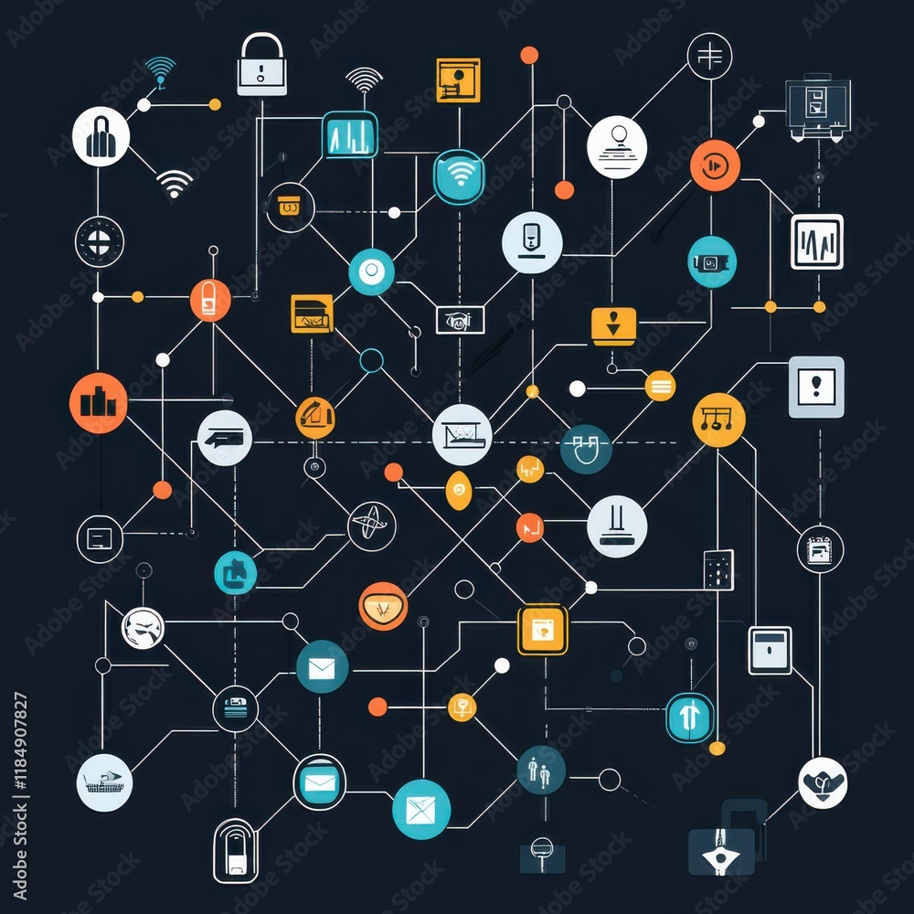 Poster abstract digital network illustration representing interconnected technology and data systems.