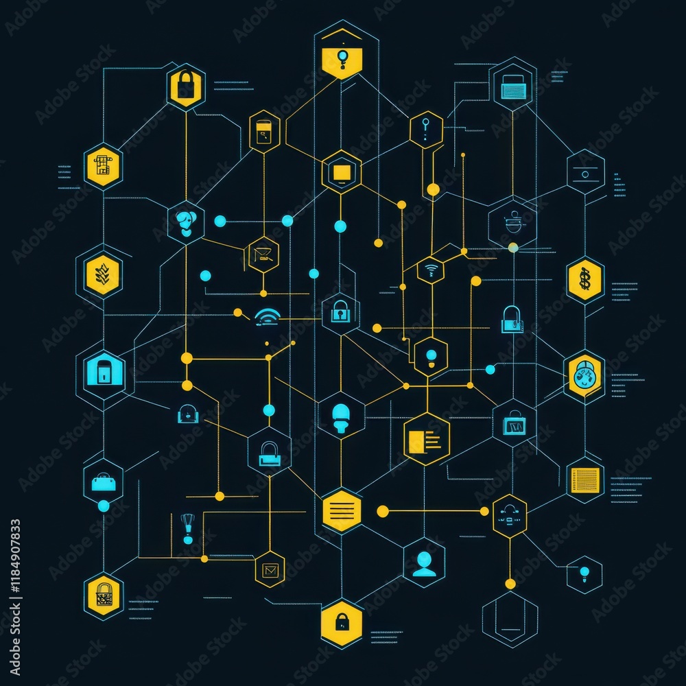 Poster a vibrant digital network illustrating interconnected nodes and icons representing data security and