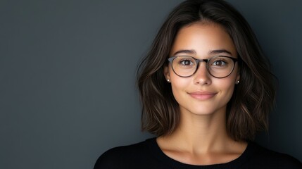 Fototapeta premium Young woman wearing glasses smiling against a dark background