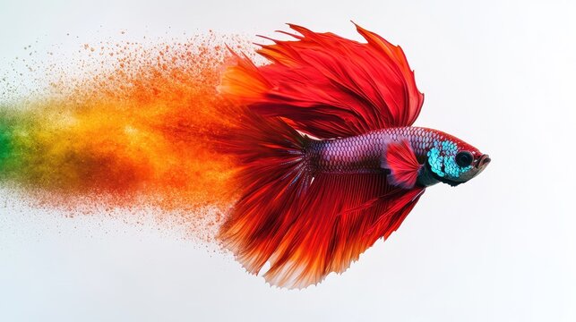 A vibrant betta fish swims gracefully, trailing a colorful cloud of hues that blend into fiery reds and oranges, showcasing its beauty and movement.