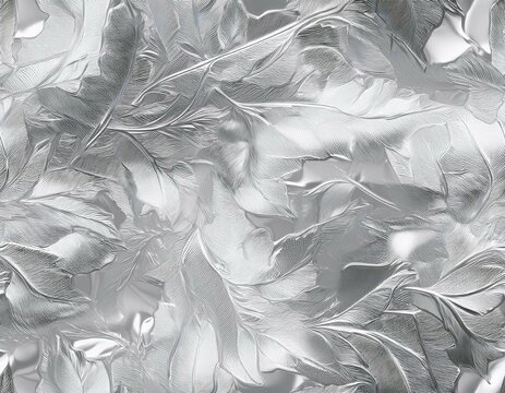 seamless silver leaf background texture transparent overlay shiny light grey crumpled metallic chrome foil repeat pattern modern abstract luxury wallpaper glittery party backdrop 3 generative ai