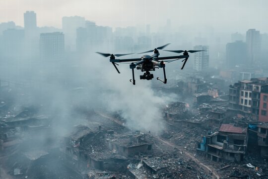Innovative rescue drone surveys disaster area to locate survivors and assess damage during critical operations - Powered by Adobe