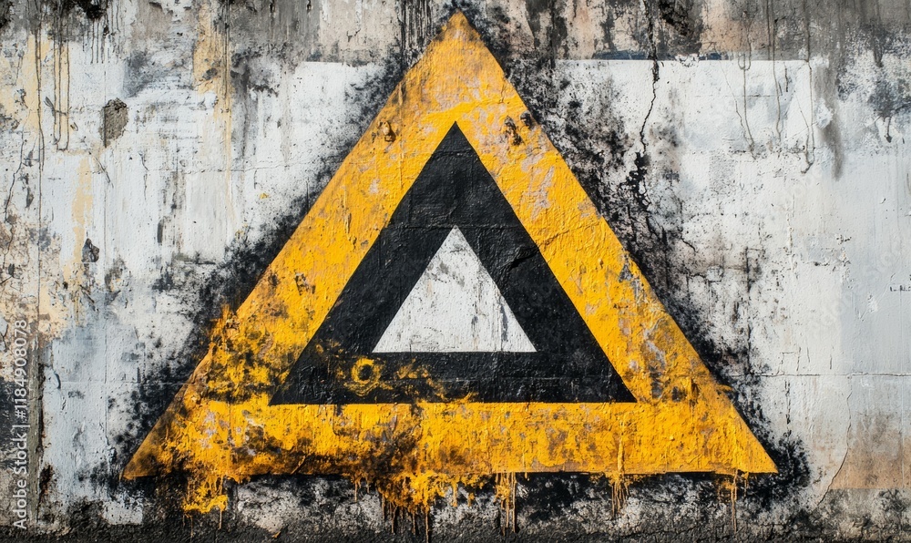 Poster graffiti of a triangle with a black and yellow line. the triangle is on a wall with a white backgrou