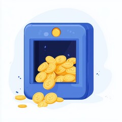 A blue money box overflowing with shiny gold coins, symbolizing savings and financial prosperity.