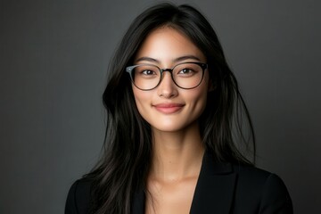 Fototapeta premium Smiling young woman in glasses and black blazer on plain backdrop