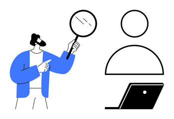 Businessman holding magnifying glass pointing to user profile and laptop. Ideal for search, analysis, recruitment, research, investigation, business analytics, and problem-solving concepts. Blue