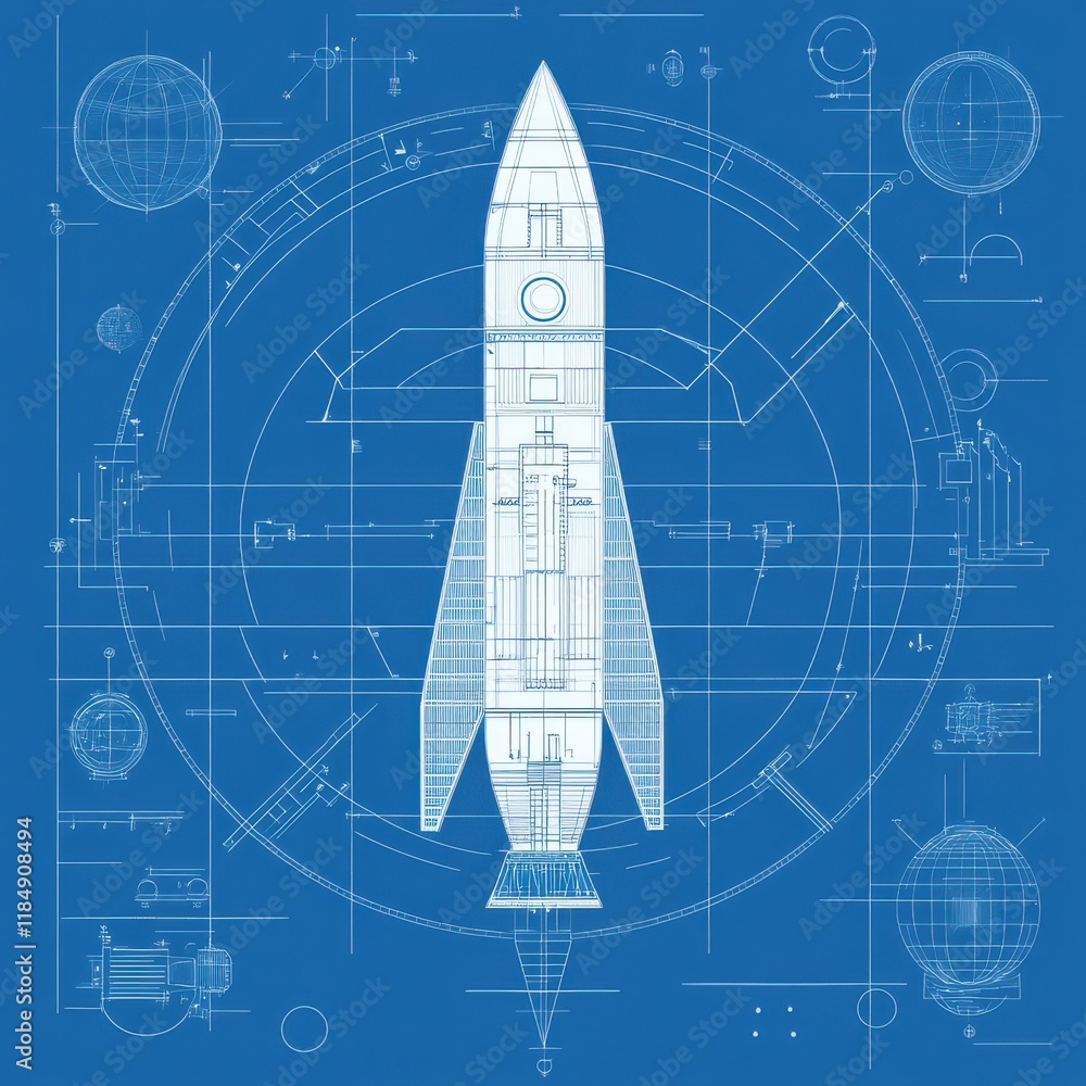 Poster blueprint of a futuristic rocket on a blue background, showcasing intricate design and engineering d