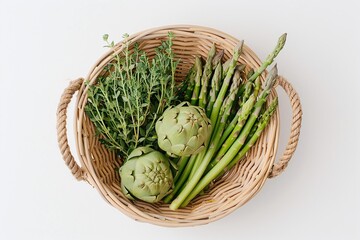Obraz premium Wicker basket with fresh vegetables including artichokes, asparagus, broccoli, and herbs, top view on white background, healthy eating and vegan lifestyle concept