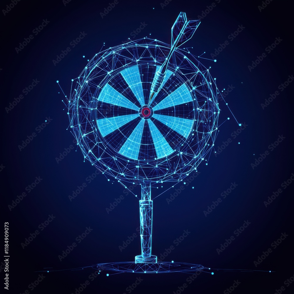 Poster a futuristic digital dartboard with a dart, symbolizing precision and focus in goal setting.