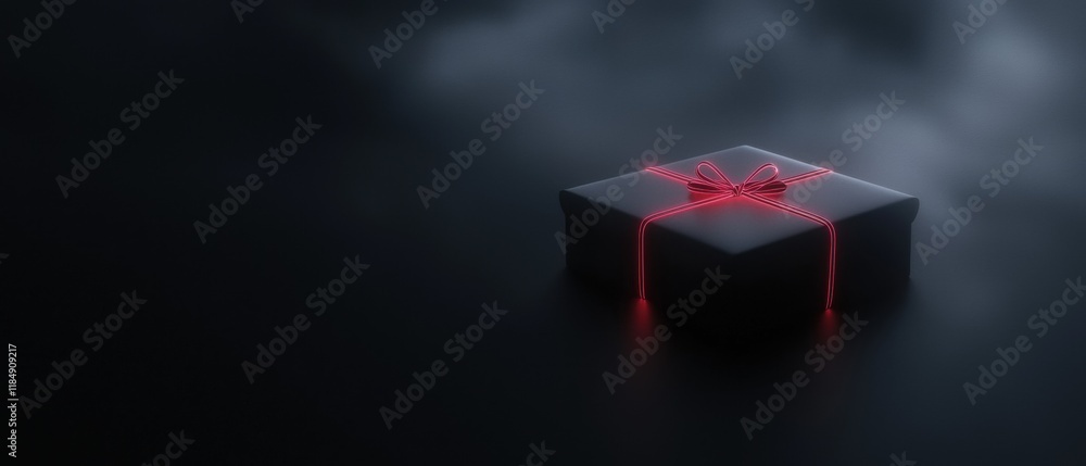 Poster a box with a red bow on top of it