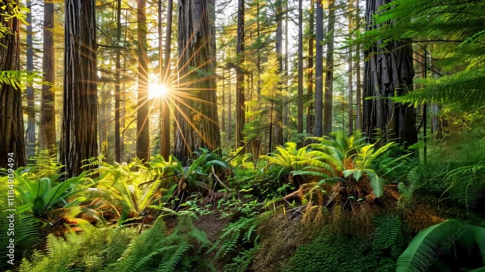 Poster serene forest landscape sunlight rays streaming through tall trees, illuminating lush ferns and gree