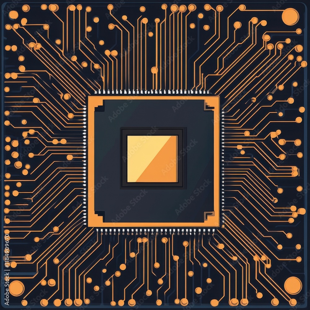 Poster detailed close-up of a microprocessor with intricate wiring in orange and black, showcasing advanced